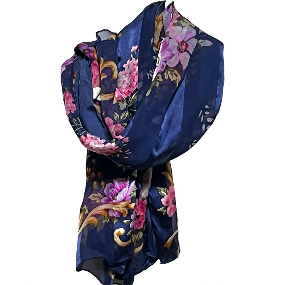 Hiroko Elegant vintage Navy pink Floral scrollwork classic pure silk Scarf - Picture 5 of 7